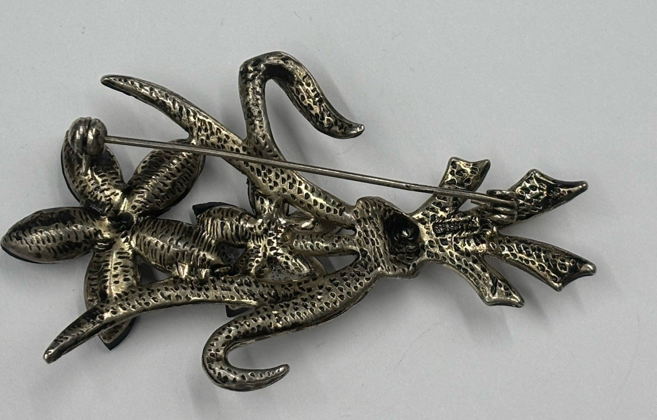 Vintage Black Flowers Brooch Silver Tone.