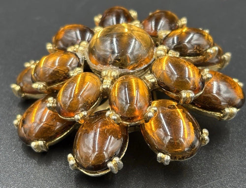 Vintage large tiger eye look glass brooch 1950s gold tone bold statement mid-century