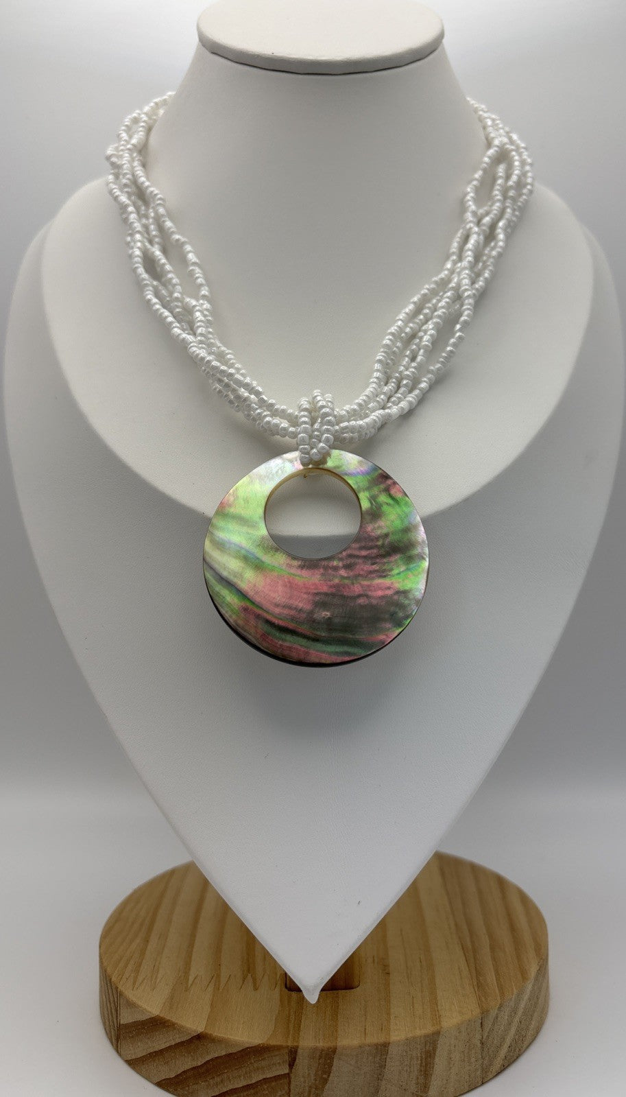 Vintage Mother of Pearl Shell Pendant Necklace Multi Strand White Seed Beads