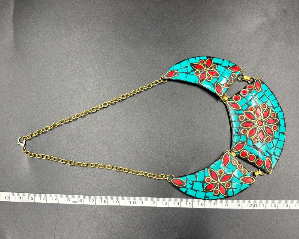 Vintage Mosaic Bib Necklace – Turquoise & Red Inlay, Nepalese/Tibetan Style