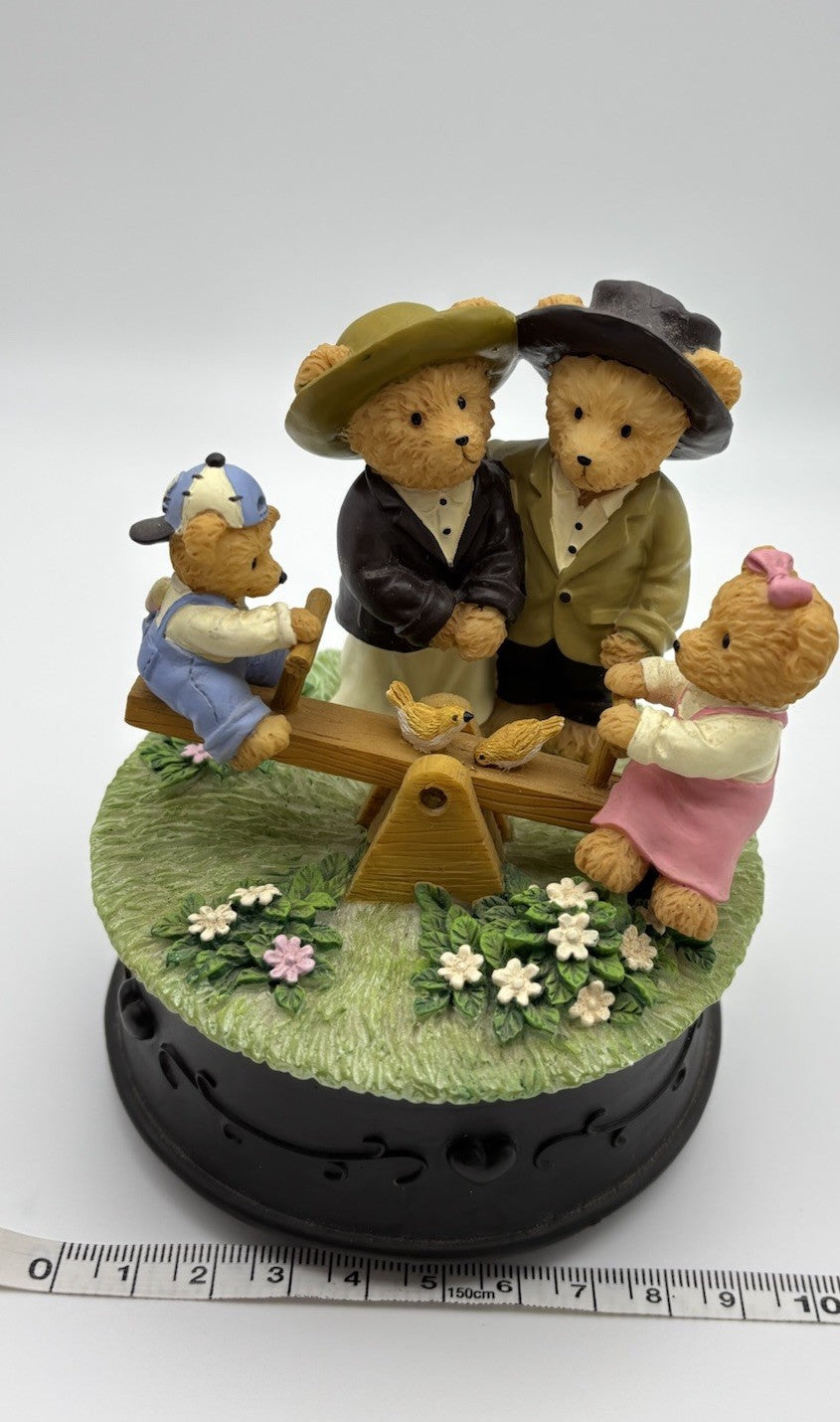 Vintage Enesco Teddy Bear Seesaw Music Box – Park Scene with Birds & Children