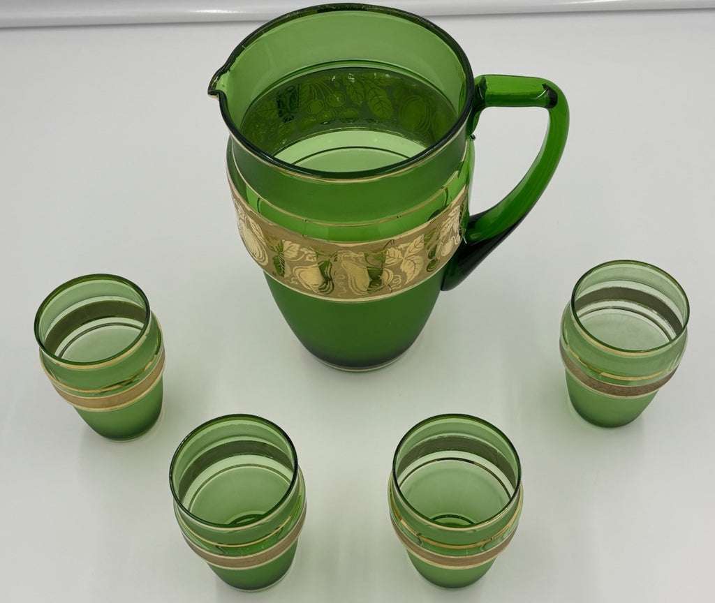 Vintage 1950s Bohemian Green Glass Pitcher & Tumbler Set Gold Fruit Band 5pc