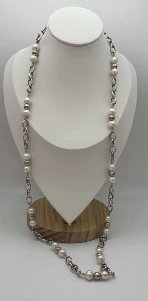 Vintage 925 Sterling Silver 10mm Freshwater Pearl Station Necklace 88cm