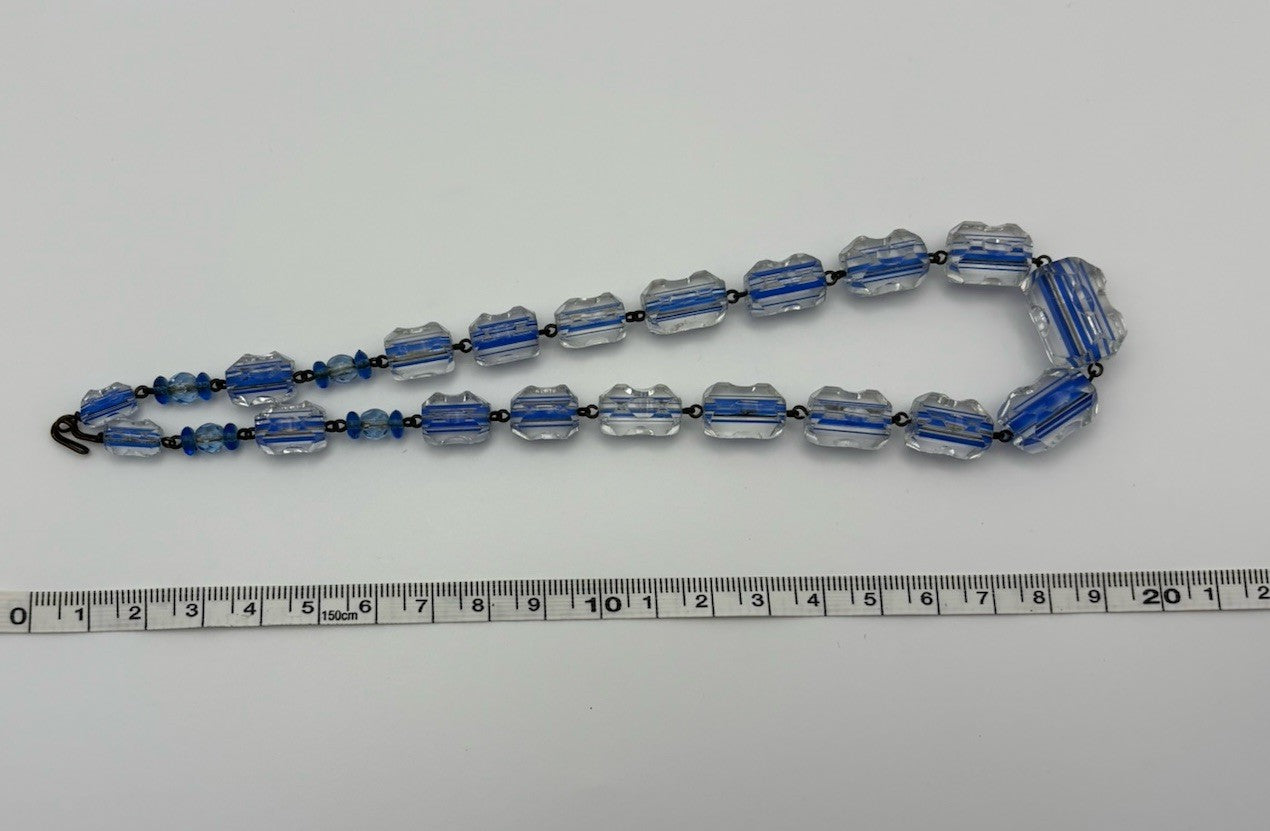 Vintage Czech Blue Glass Bead Necklace Striped Bohemian Mid Century Jewelry