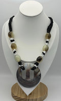 Vintage Shell Pendant Necklace Black White Beads Horn Style Tribal Jewelry