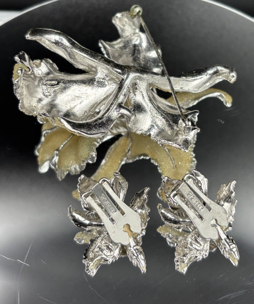 Vtg 1950's Elizabeth Reimer Arcansas Orchid Flower Brooch & Earring Clip On Set