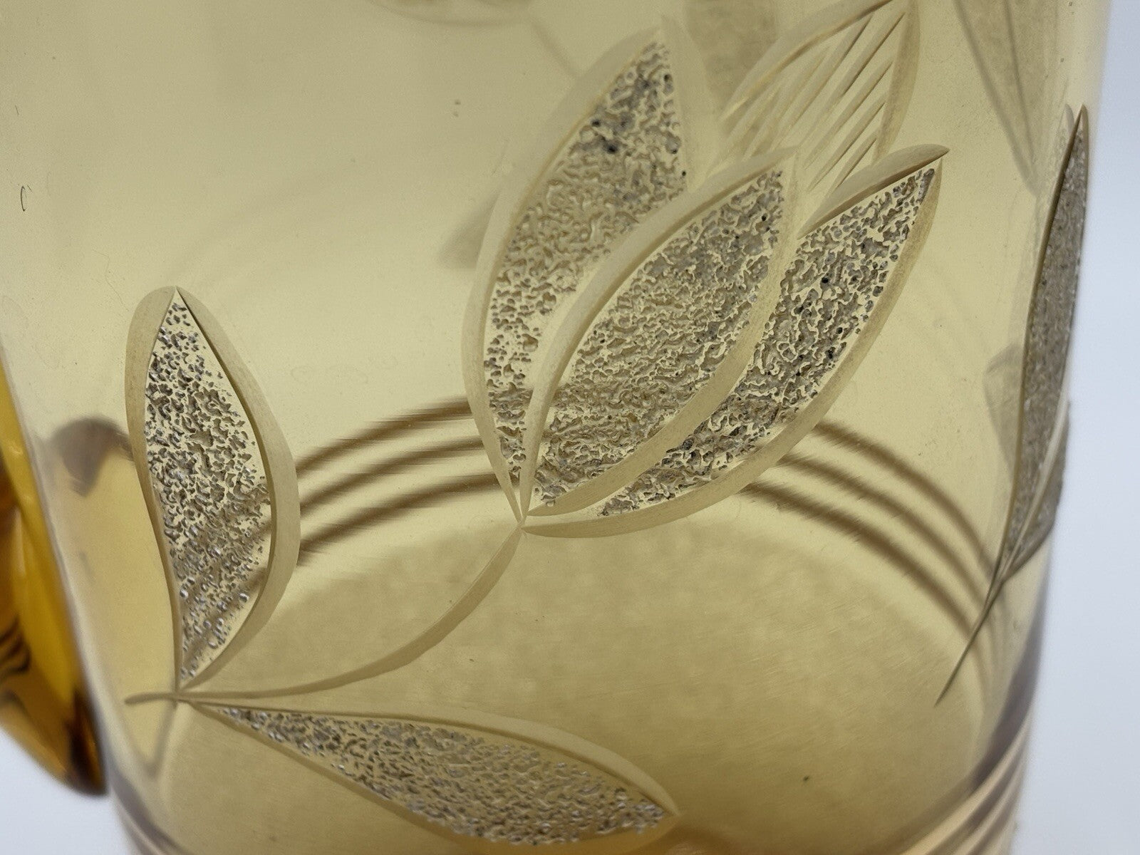 Vintage Amber Glass Pitcher & 4 Tumblers Gold Leaf Etched MCM Barware Set