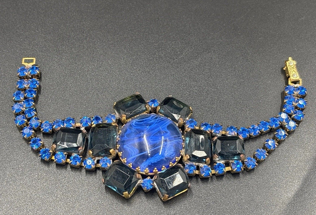 Vintage Czech Blue Glass Rhinestone Bracelet Swirled Cabochon Statement