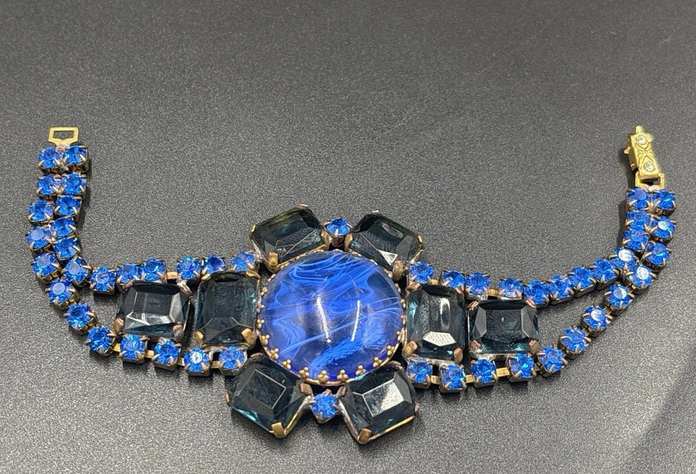Vintage Czech Blue Glass Rhinestone Bracelet Swirled Cabochon Statement