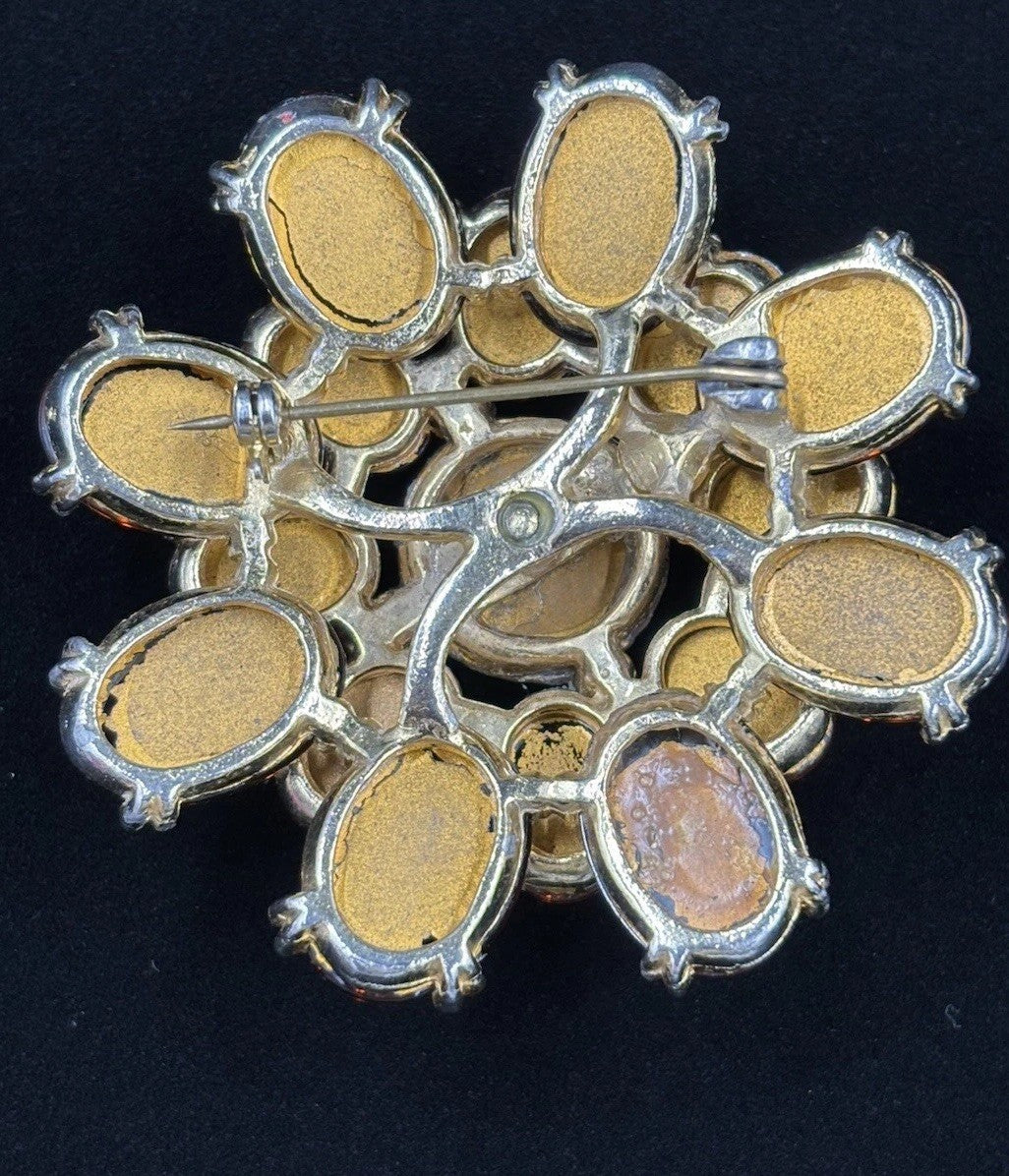 Huge Vintage Glass Brooch Tiger Eye Look 1950s Bold Statement Jewelry