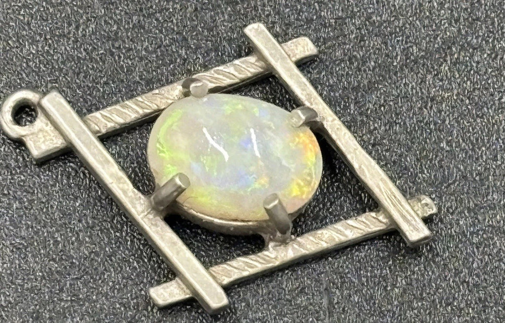 Vintage Sterling Silver Natural Opal Pendant Crystal Opal Multi Fire Cabochon