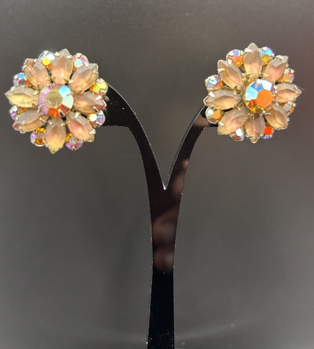 Vintage Coro Clip On Earrings Aurora Borealis Rhinestone Frosted Glass Floral