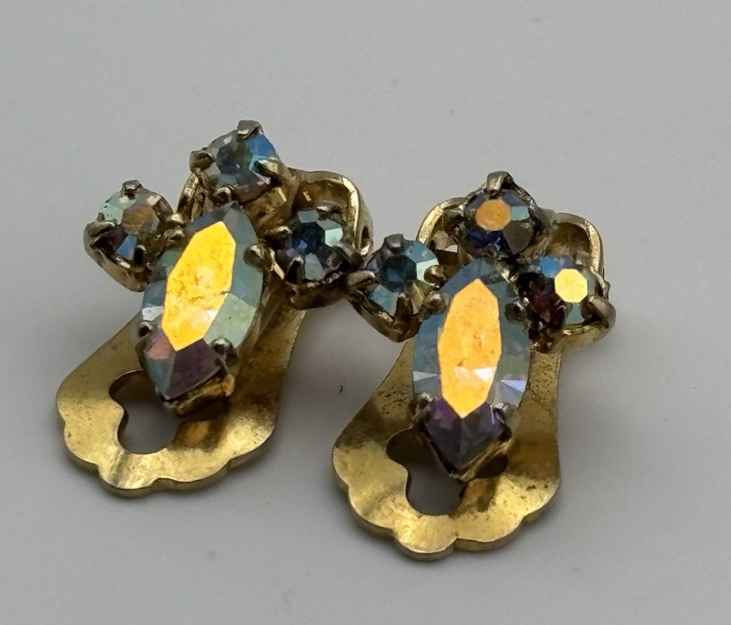 Vintage Unsigned Ice Blue Aurora Borealis Rhinestone Clip Earrings Mid Century