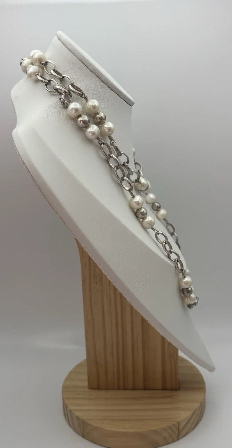 Vintage 925 Sterling Silver 10mm Freshwater Pearl Station Necklace 88cm
