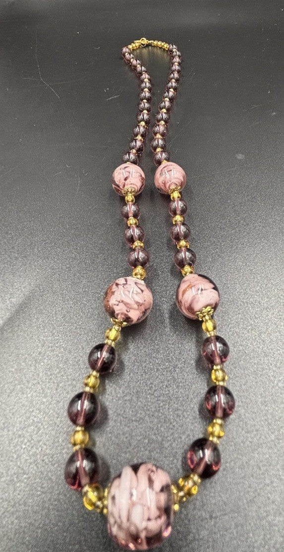 Vtg Venetian Murano Glass Bead Rose Foil Pink Gold Purple Jewellery Set “Italy”