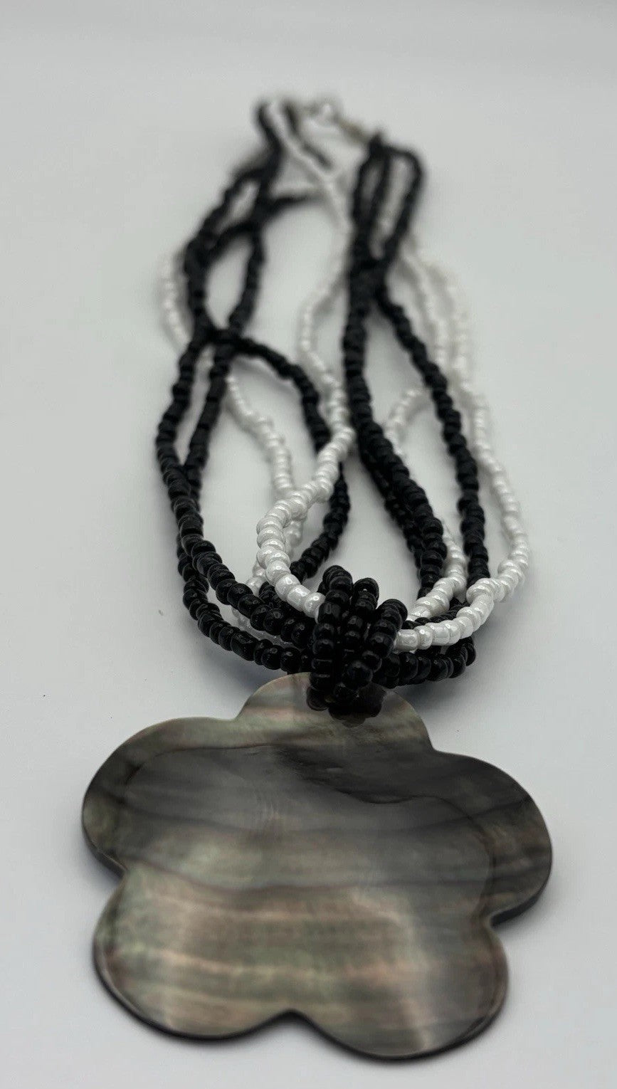 Mother of Pearl Flower Pendant Necklace Black & White Seed Beads