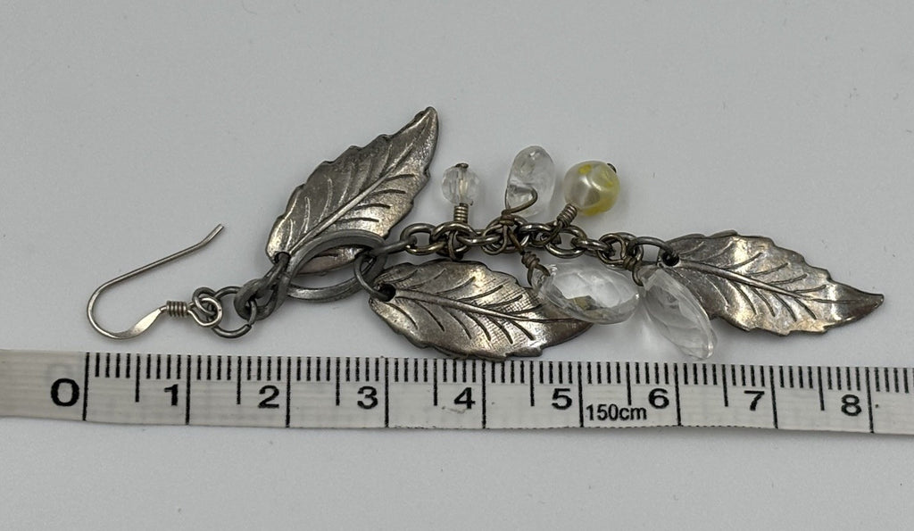Vintage Sterling Silver Leaf Dangle Earrings with Crystal and Pearl Charms