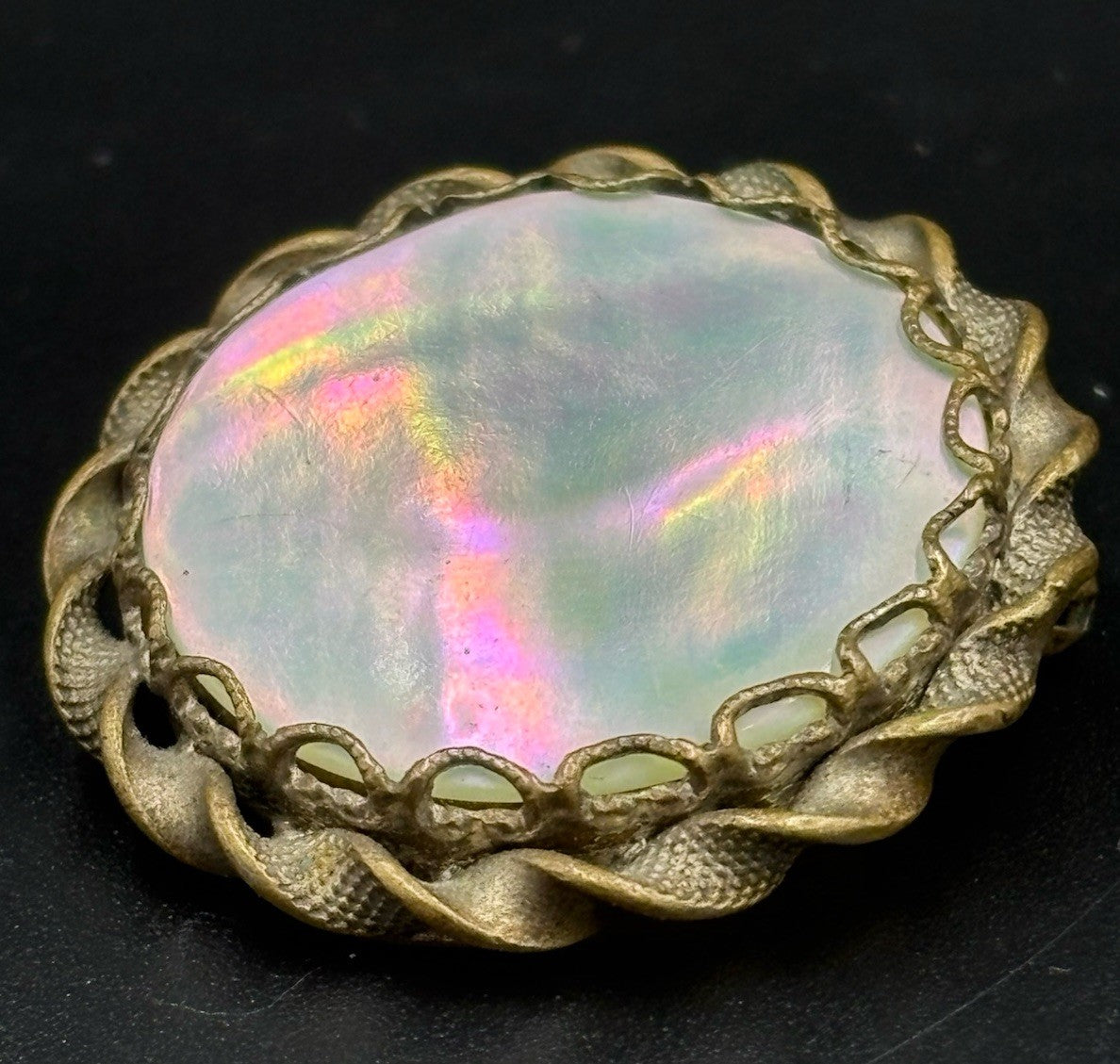 Rare Vintage U.S. Zone Germany Mother of Pearl Brooch 1940s Brass Rope Frame