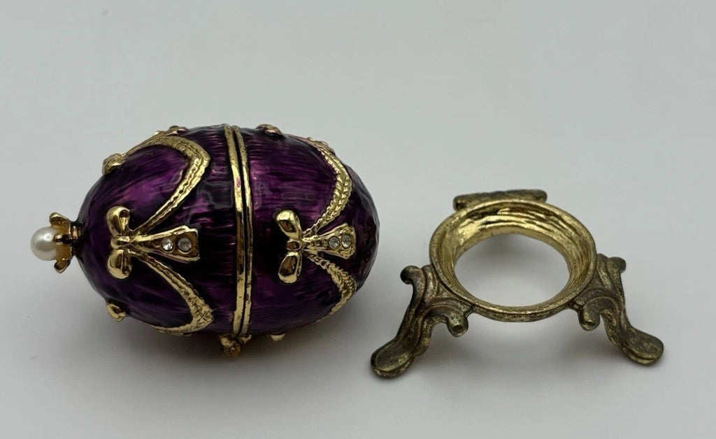 Fabergé Style Purple Enamel Egg Trinket Box with Pearl and Rhinestones
