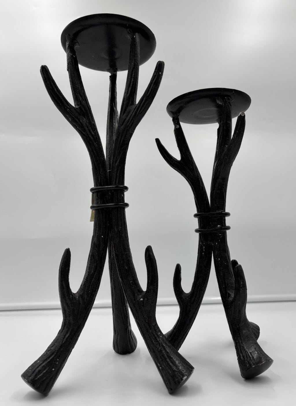 Sculptural Black Cast Aluminium Candle Holders Set Rustic Tree Branch Decor