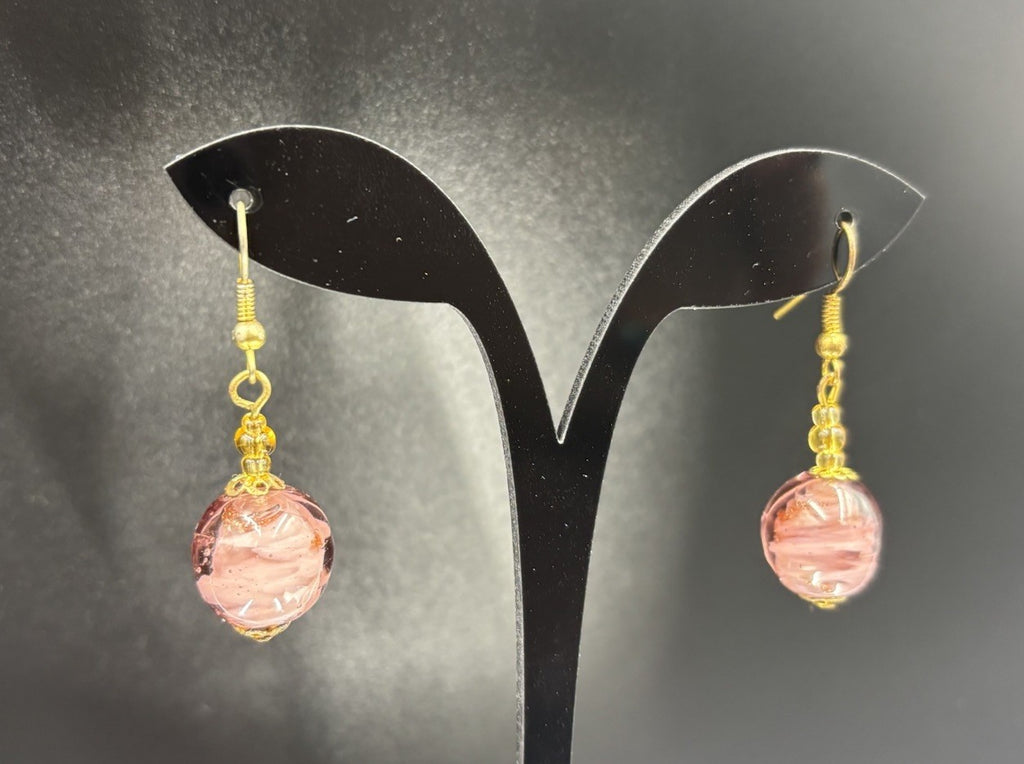 Vtg Venetian Murano Glass Bead Rose Foil Pink Gold Purple Jewellery Set “Italy”