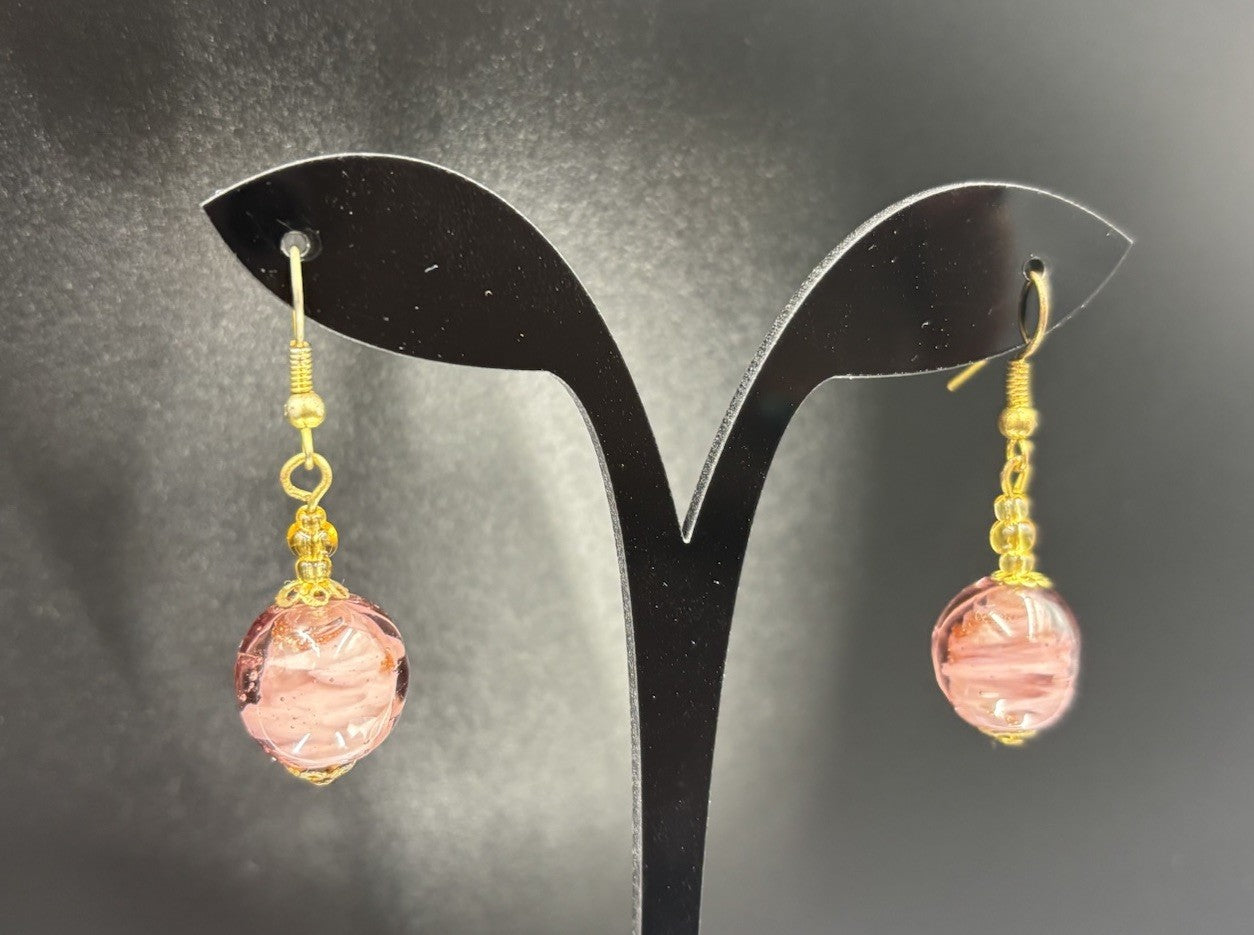 Vtg Venetian Murano Glass Bead Rose Foil Pink Gold Purple Jewellery Set “Italy”
