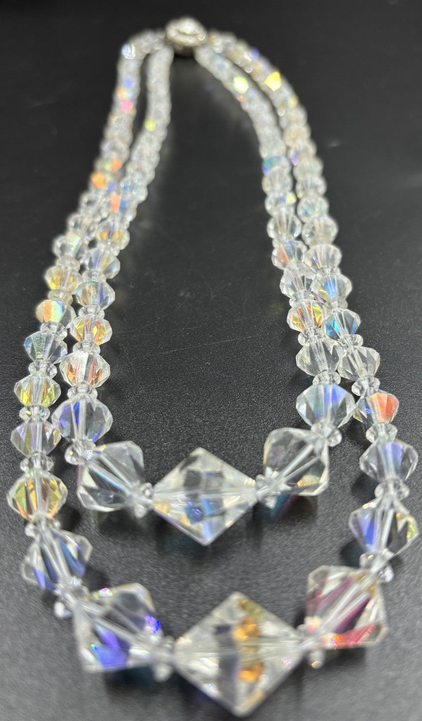 Vtg Double Strand Sparkling Aurora Borealis AB Glass Crystal Necklace & Earrings