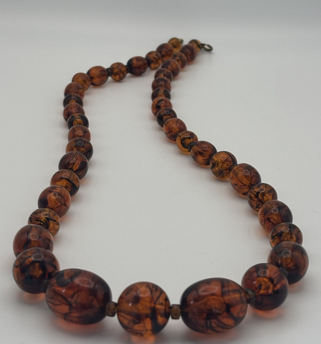 Vintage Lucite Faux Amber Bead Necklace 76cm Mid Century Swirled Resin Jewelry