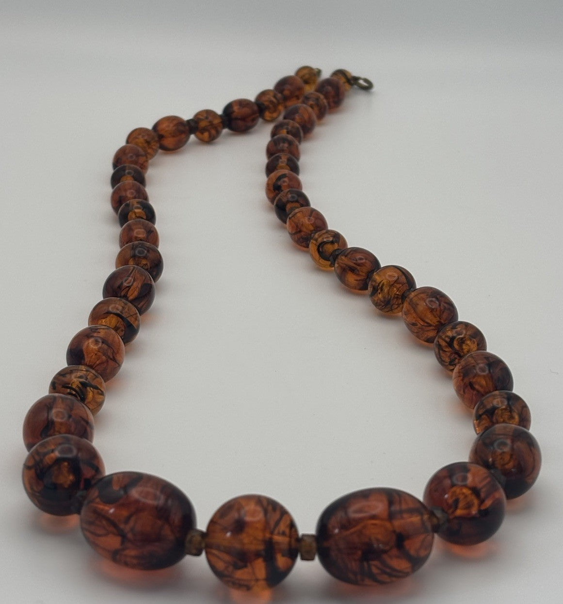 Vintage Lucite Faux Amber Bead Necklace 76cm Mid Century Swirled Resin Jewelry