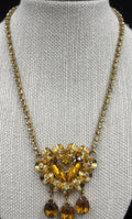 Vintage Amber Glass Rhinestone Necklace Gold Tone Mid Century Statement Jewelry