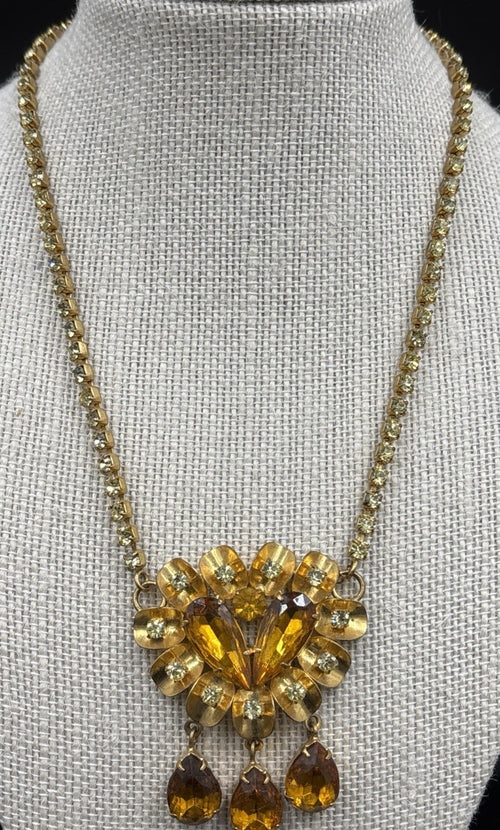 Vintage amber glass rhinestone necklace gold tone mid-century statement warm topaz