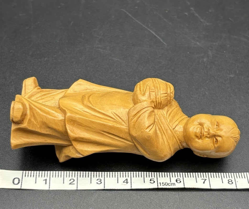 Vintage Chinese Hand Carved Wooden Monk Child Figurine Holding Bowl PRC