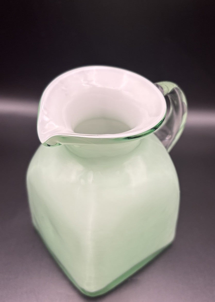 Vintage Mint Green Cased Art Glass Jug Opaline Square Form Milk Glass Pitcher