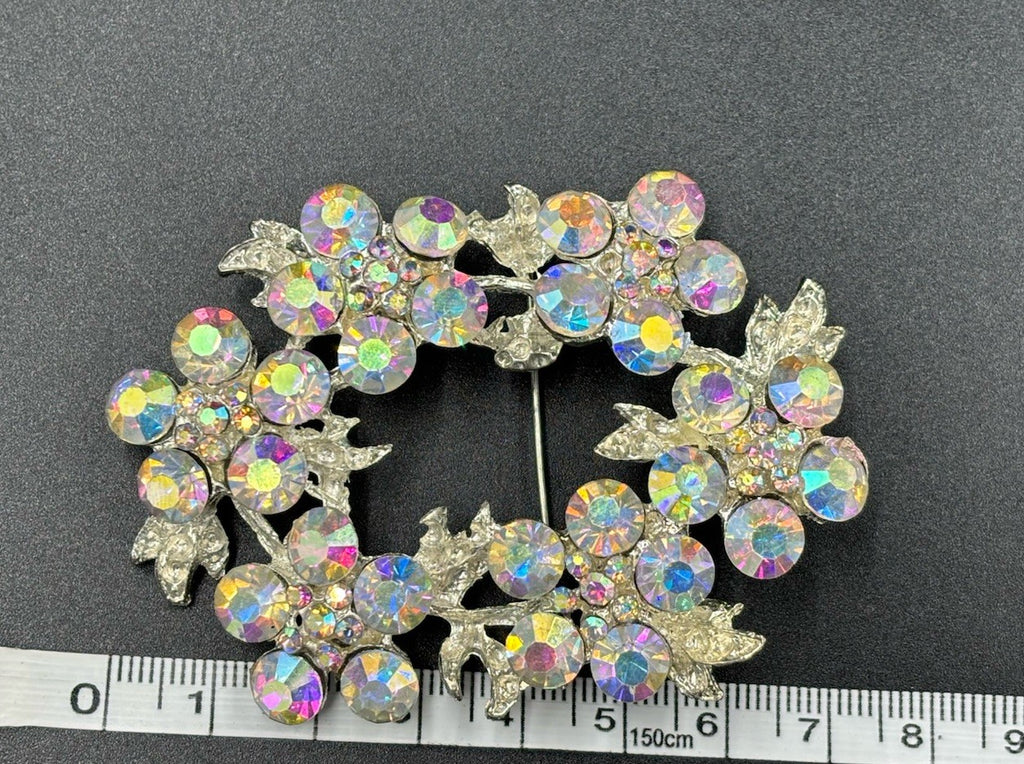 Vintage AB Rhinestone Wreath Brooch Silver Tone 1950s Mid Century Jewelry