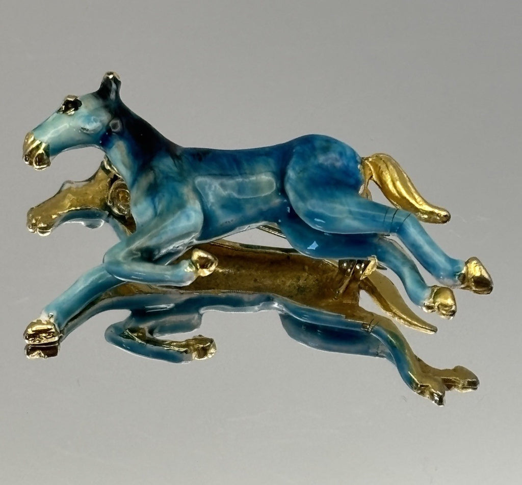 Vintage Blue Enamel Galloping Horse Brooch Gold Tone 1980s Equestrian Statement