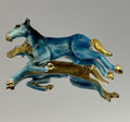 Vintage Blue Enamel Galloping Horse Brooch Gold Tone 1980s Equestrian Statement