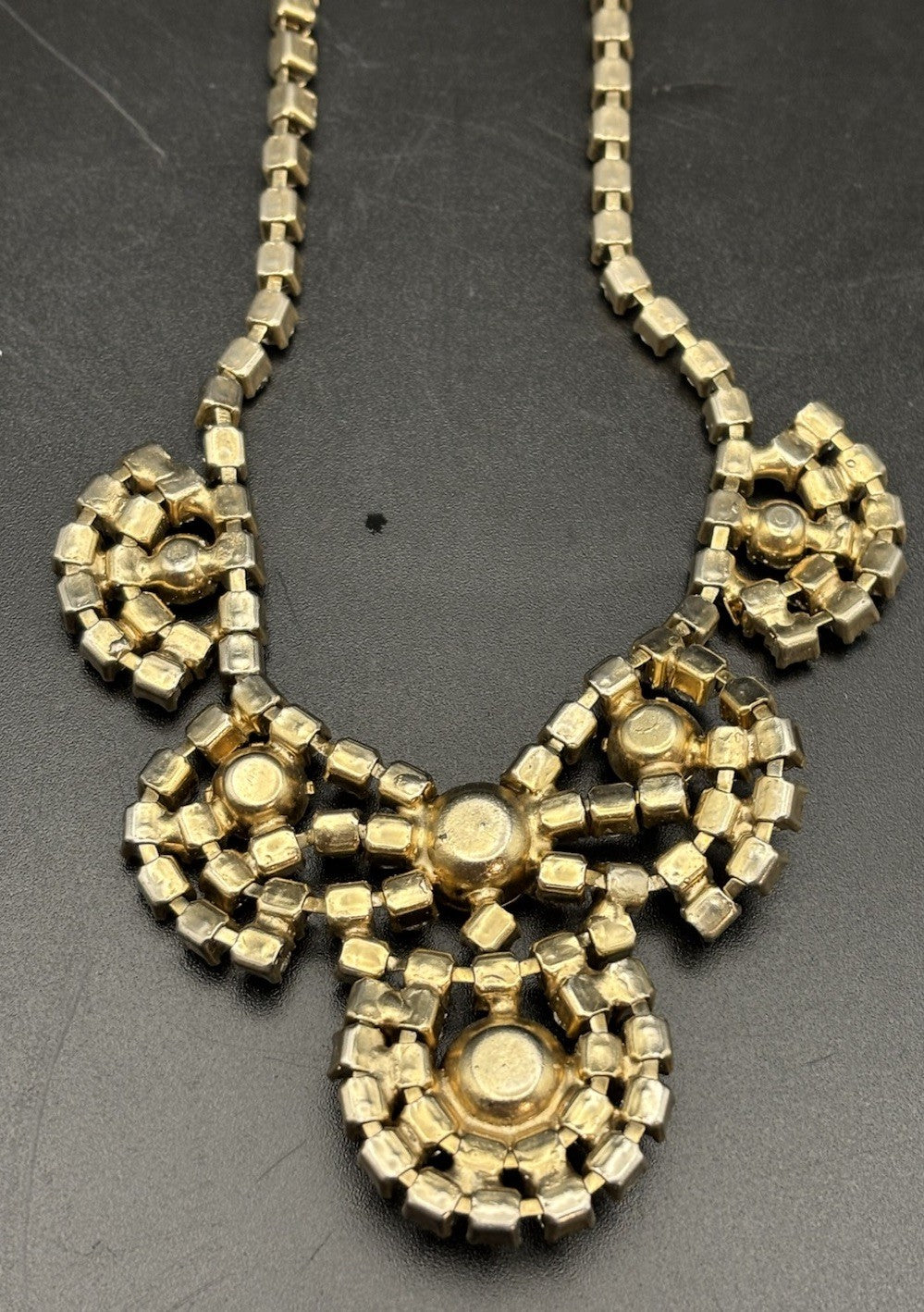 Vintage Aurora Borealis Rhinestone Statement Necklace Gold Tone Mid Century