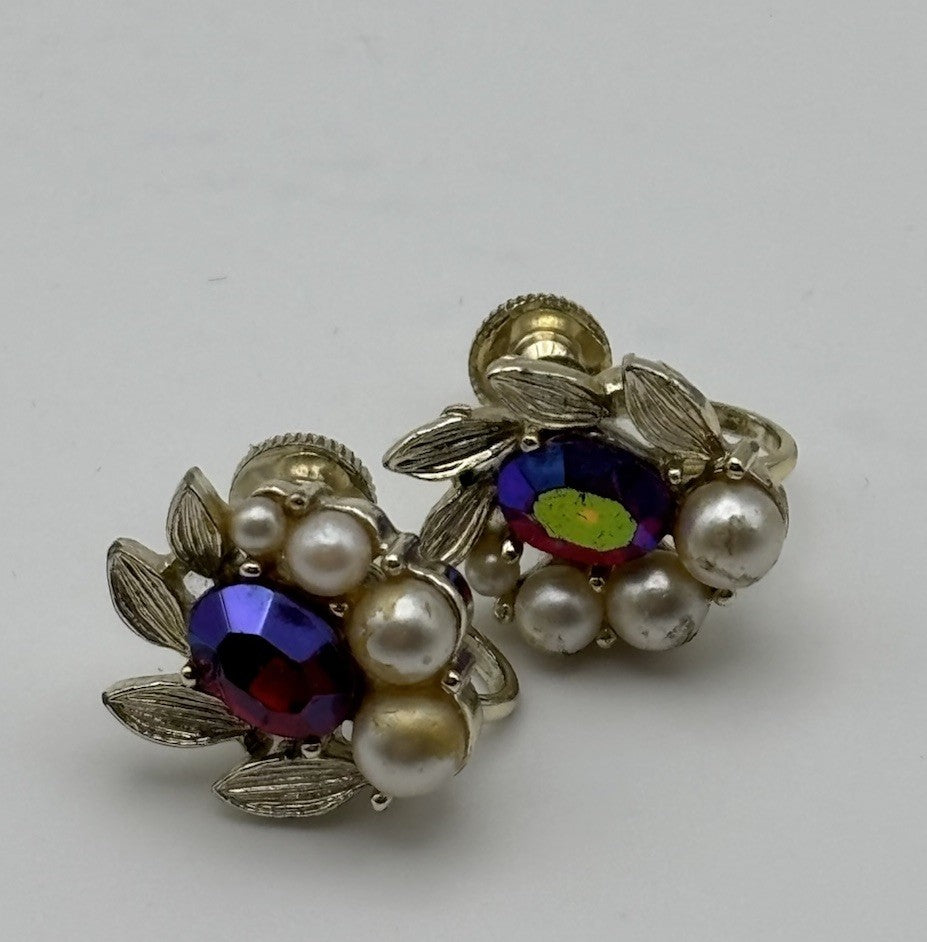 Vintage Lisner AB Rhinestone Faux Pearl Screw Back Earrings Gold Tone Floral