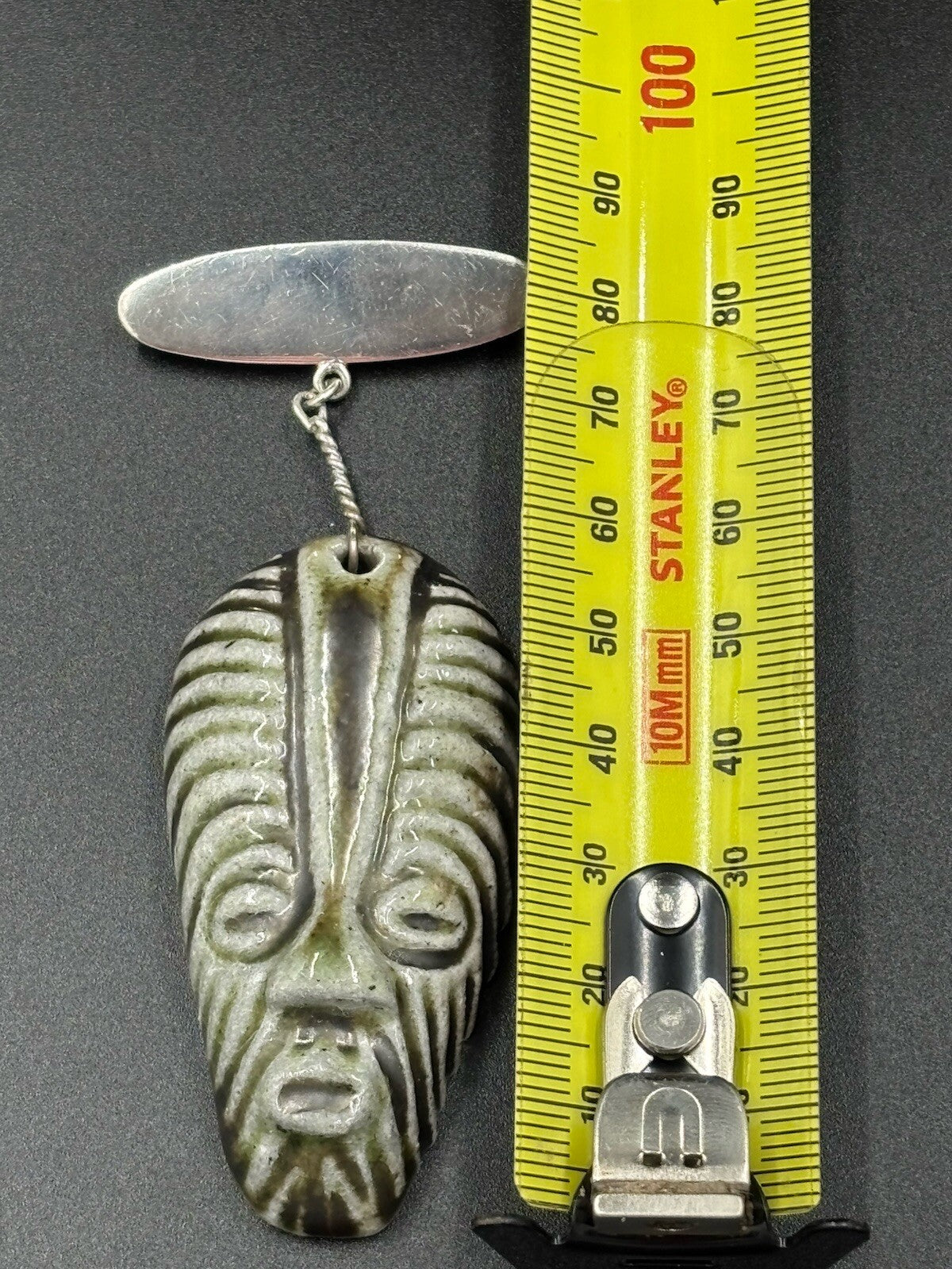 Rare Vintage Modernist Silver Bar Ceramic Mask Brooch Studio Jewelry