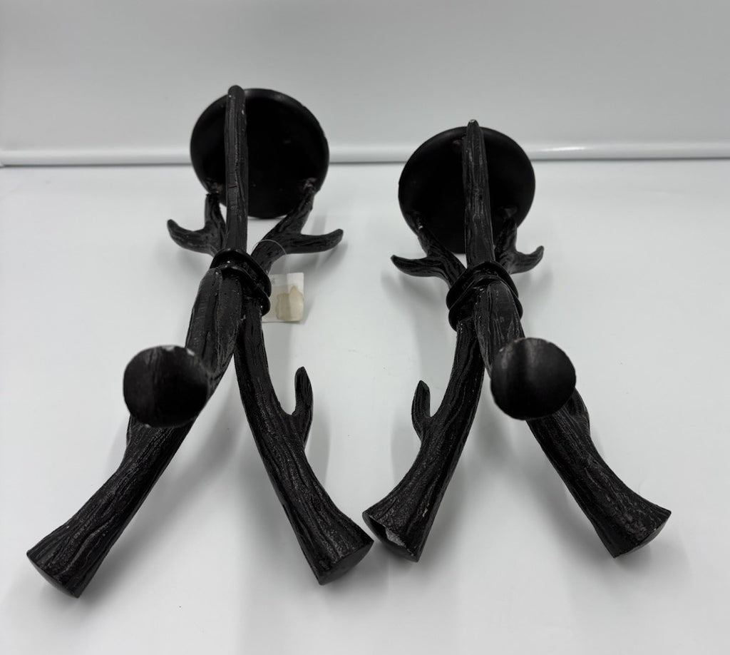 Sculptural Black Cast Aluminium Candle Holders Set Rustic Tree Branch Decor