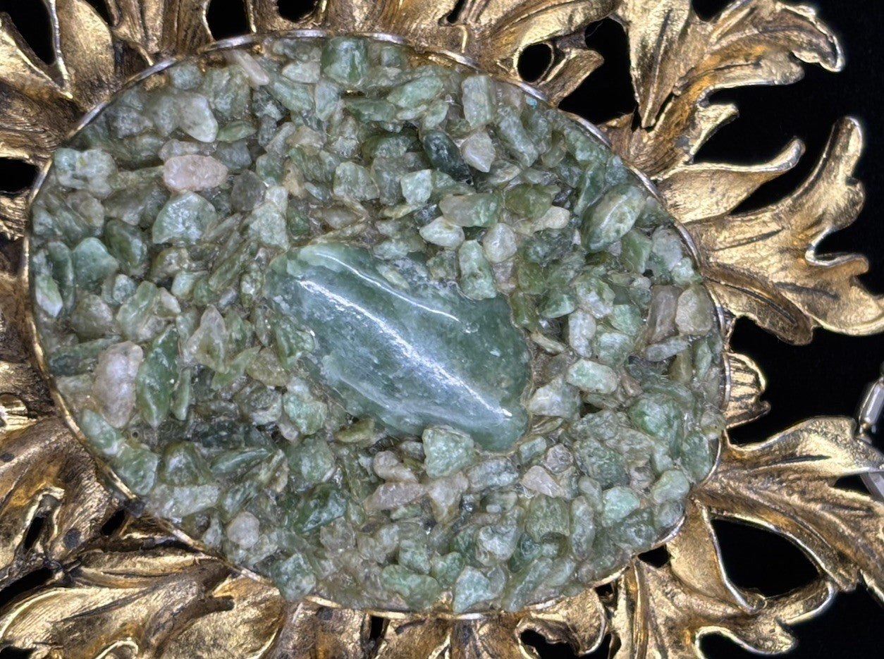 Vintage Sunburst Pendant Necklace Crushed Green Stone 18K Gold Filled Chain