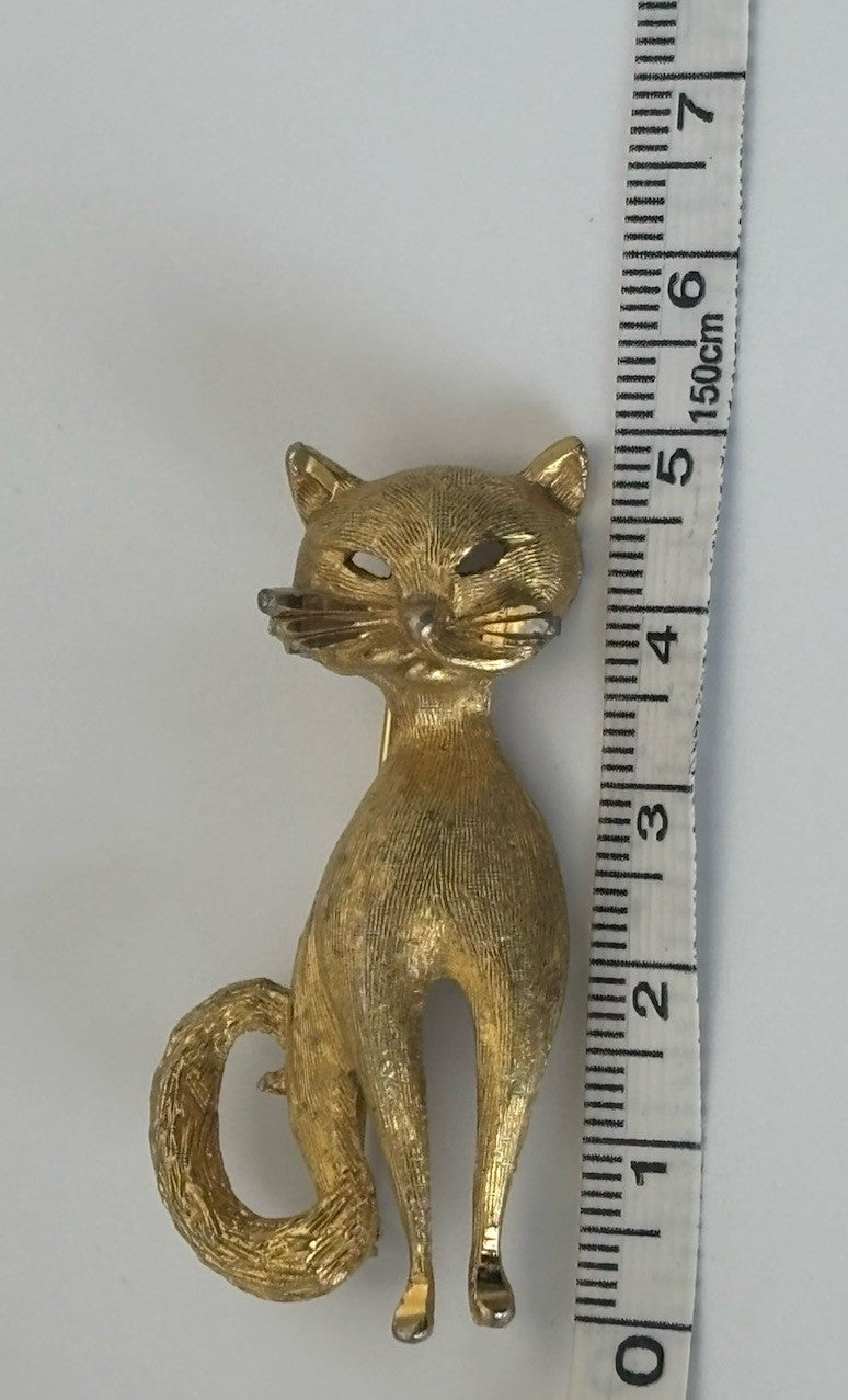 Vintage B.S.K Cat Brooch Gold Tone Figural Kitty Pin 1950s Signed