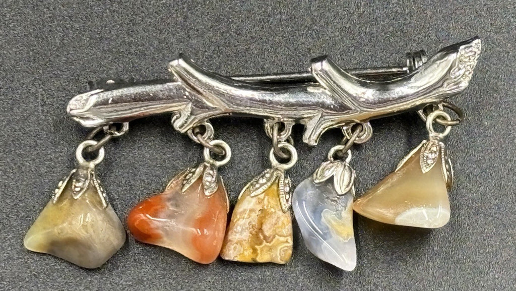 Vtg Silver Tone Branch Multiple Agate Gem Stones Dangling Brooch Signed