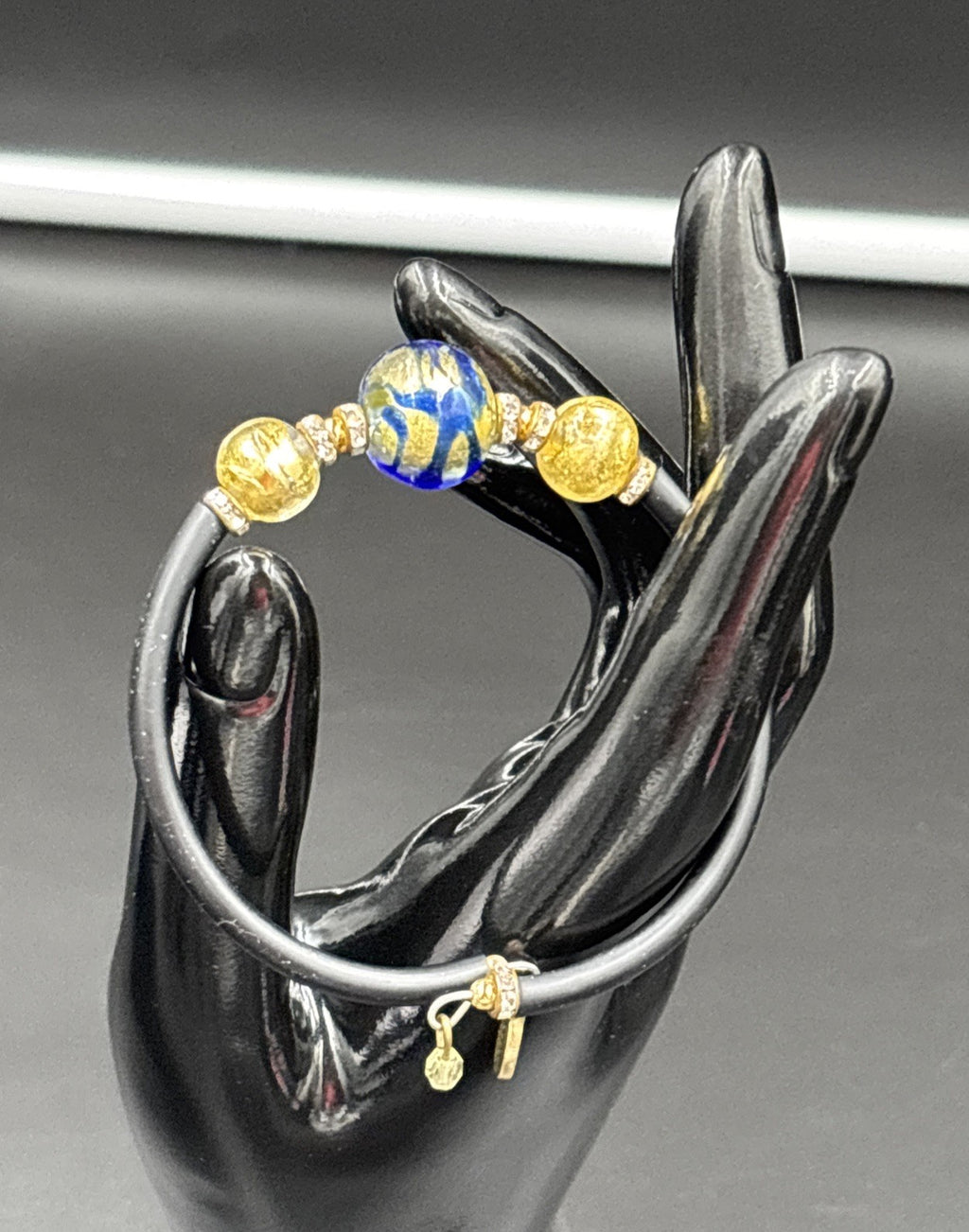 Vintage Murano Glass Bracelet Italy Blue Gold Beads with Rhinestone Accents