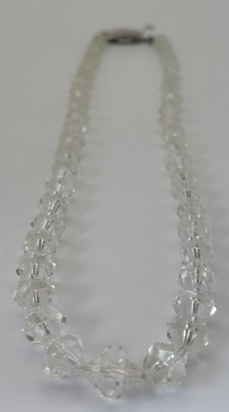 Vintage Crystal Bead Necklace Clear Faceted Glass GSILVER Clasp Mid-Century