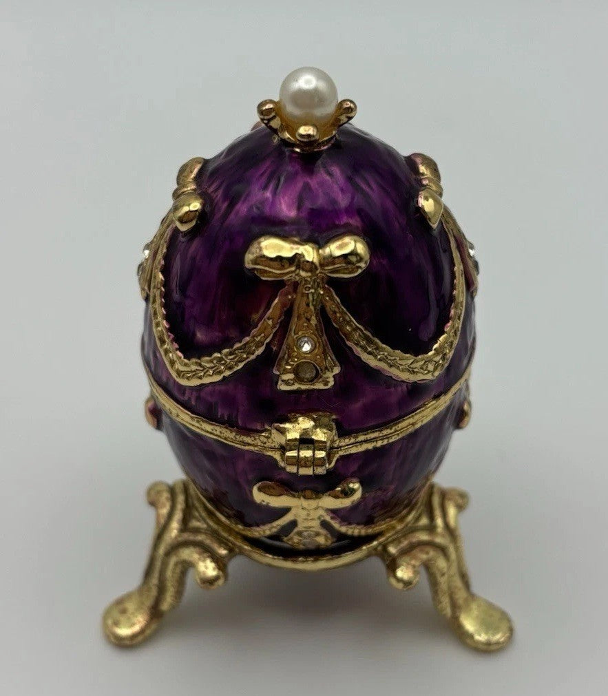 Fabergé Style Purple Enamel Egg Trinket Box with Pearl and Rhinestones