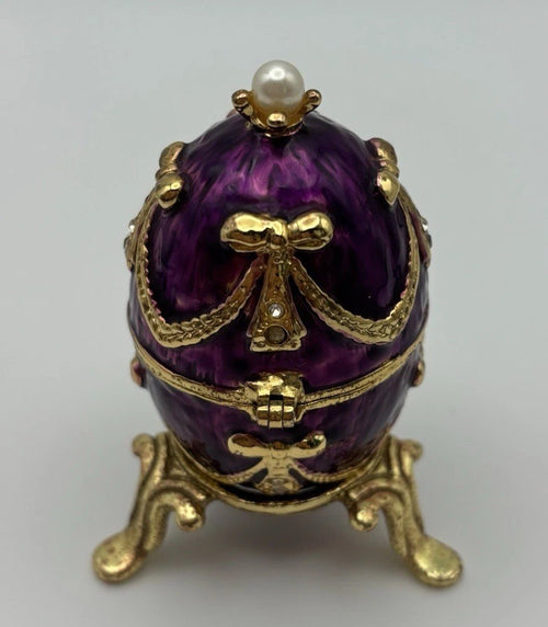Purple enamel and rhinestone detail on egg box