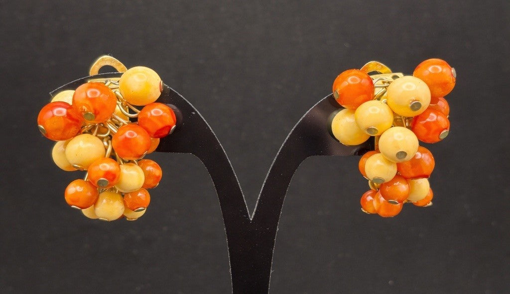 Vintage Hong Kong Orange Cream Glass Bead Cluster Clip Earrings