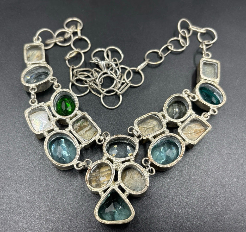 Artisan Multi Stone Bib Necklace Aqua Teal Green Glass Mother of Pearl Handmade