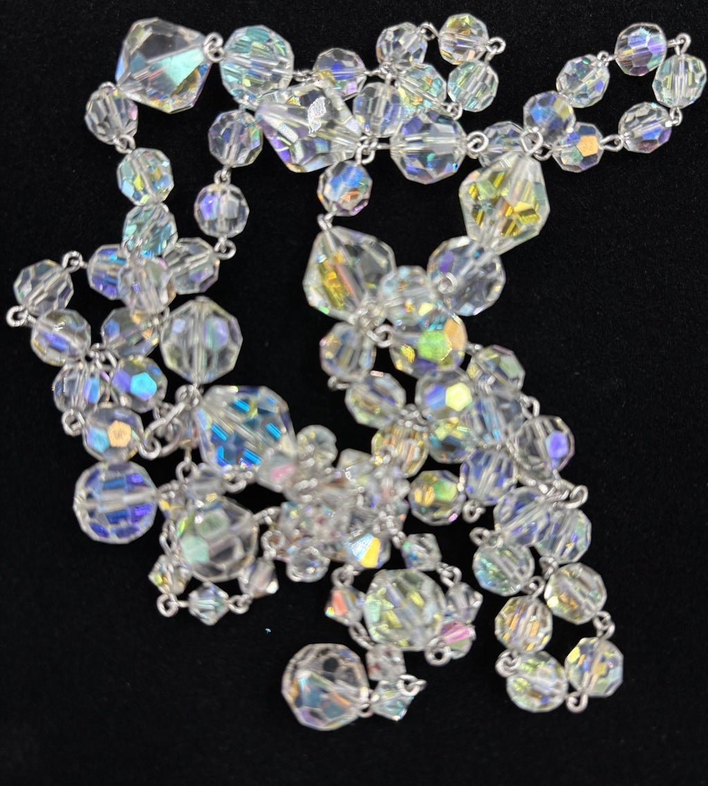Vintage 1950s Aurora Borealis Crystal Necklace & Earrings Set Tassel Drop